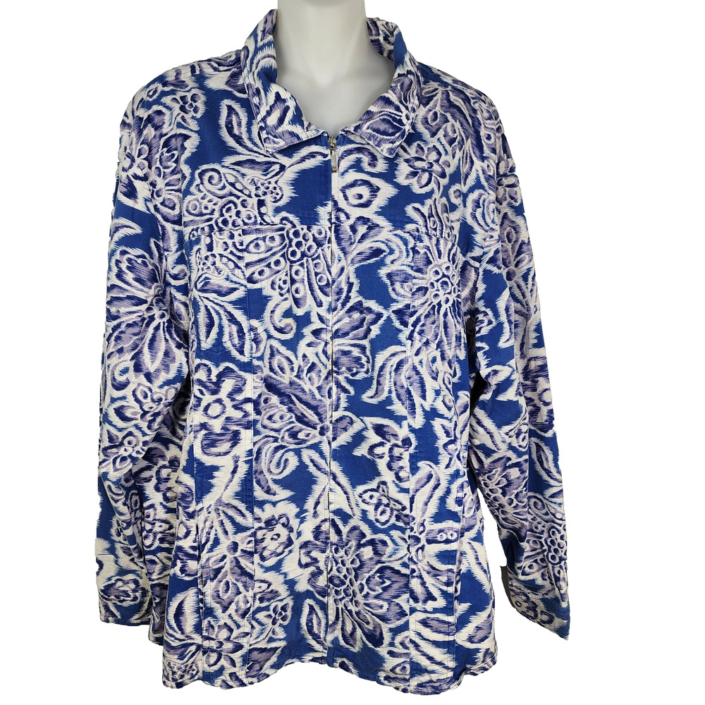 Coldwater Creek Jacket Womens Size 2X Cobalt Blue White Moonlight Floral Zip Up